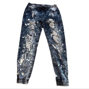 CJ Black Men's Distressed Acid Wash Pullon Flex baggy Denim Jean Jogger Blue XL